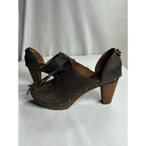 Sanita Theodora brown Leather Lace Up Studded Wood Heels Women's Shoes Sz 12